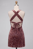 Khaki Bodycon Halter Burnout Velvet Short Cocktail Dress