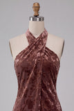 Khaki Bodycon Halter Burnout Velvet Short Cocktail Dress