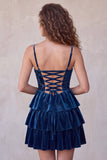Navy A-Line Corset Burnout Velvet Tiered Ruffle Short Homecoming Dress with Lace Up Back