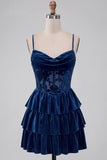 Navy A-Line Corset Burnout Velvet Tiered Ruffle Short Homecoming Dress with Lace Up Back