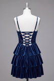 Navy A-Line Corset Burnout Velvet Tiered Ruffle Short Homecoming Dress with Lace Up Back