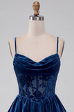 Navy A-Line Corset Burnout Velvet Tiered Ruffle Short Homecoming Dress with Lace Up Back
