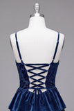 Navy A-Line Corset Burnout Velvet Tiered Ruffle Short Homecoming Dress with Lace Up Back