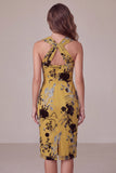 Ginger Yellow Sheath Keyhole Floral Midi Wedding Guest Dress