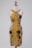 Ginger Yellow Sheath Keyhole Floral Midi Wedding Guest Dress