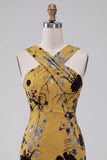 Ginger Yellow Sheath Keyhole Floral Midi Wedding Guest Dress