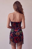 Black Bodycon Strapless Floral Print Mini Homecoming Dress with Fringes