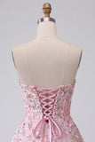 Blush Strapless A-Line Sequins Floral Embroidery Short Homecoming Dress
