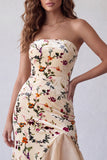Strapless Champagne Velvet Mermaid Printed High-Low Long Formal Dress