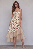 Champagne Floral A-Line Ruffled High-Low Hem Midi Formal Dress