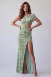 Floral Dusty Sage One Shoulder Ruched Velvet Long Formal Dress with Slit