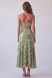 Dusty Sage A-Line Halter Floral Long Formal Dress with Bow