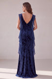 Navy Velvet Sheath Sweetheart Ruched Long Evening Dress with Ruffles