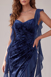 Navy Velvet Sheath Sweetheart Ruched Long Evening Dress with Ruffles