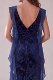 Navy Velvet Sheath Sweetheart Ruched Long Evening Dress with Ruffles