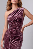 One Shoulder Vintage Mauve Velvet Sheath Ruched Long Formal Dress with Side Slit