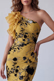 Ginger Yellow Sheath One Shoulder Printed Long Formal Dress with Ruffles