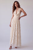 Floral Ivory A-Line Halter Ruched Long Formal Dress