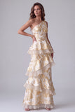 Champagne One Shoulder A-Line Asymmetrical Tiered Ruffled Long Formal Dress