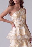 Champagne One Shoulder A-Line Asymmetrical Tiered Ruffled Long Formal Dress