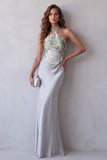 Halter Grey Satin Floral Sheath Long Formal Dress