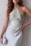 Halter Grey Satin Floral Sheath Long Formal Dress