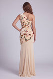 One Shoulder Champagne Velvet Sheath Ruched Long Formal Dress with Flower