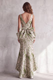 High-Low Dusty Sage Mermaid V-Neck Long Formal Dress with Bow