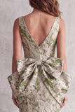High-Low Dusty Sage Mermaid V-Neck Long Formal Dress with Bow