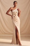 Champagne One Shoulder Velvet Sheath Floral Corset Ruched Long Formal Dress with Slit