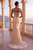 Floral Champagne Corset Mermaid Ruched Long Formal Dress with Sweep Train