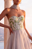 Light Grey Corset A-Line Organza Strapless Long Formal Dress with Neck Scarf