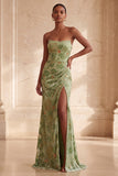 Green Mermaid Strapless Slit Ruched Long Formal Dress with Slit