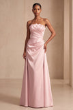 Strapless Pink Satin A-Line Ruched Long Formal Dress