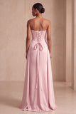 Strapless Pink Satin A-Line Ruched Long Formal Dress