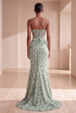 Sage Green Corset Mermaid Strapless Feathered Sequins Long Formal Dress with Bow