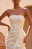 Strapless Ivory Mermaid Ruffled Ruched Slit Long Formal Dress with Sweep Train
