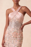 Halter Blush Sheath Sequins Rhinestone Floral Long Formal Dress with Embroidery
