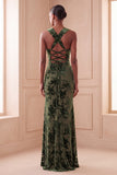 Eucalyptus Sheath Ruched Velvet Floral Long Formal Dress