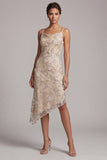 Champagne Sheath Cowl Asymmetrical Pearl Mother of the Bride Dress with Sequins