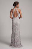 Dusty Blue Sheath Halter Beaded Mother of the Bride Dress with Pockets