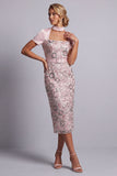 Light Pink Sheath Square Neck Short Sleeves Midi Mother of the Bride Dress with Belt