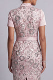 Light Pink Sheath Square Neck Short Sleeves Midi Mother of the Bride Dress with Belt