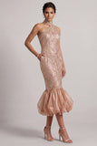 Blush Mermaid High Neck Pockets Bubble Hem Midi Mother of the Bride Dress with Sequins