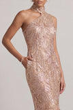 Blush Mermaid High Neck Pockets Bubble Hem Midi Mother of the Bride Dress with Sequins