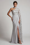 Grey Sheath High Neck Ruched One Shoulder Long Mother of the Bride Dress