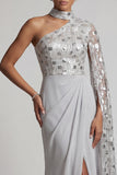 Grey Sheath High Neck Ruched One Shoulder Long Mother of the Bride Dress