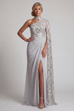 Grey Sheath High Neck Ruched One Shoulder Long Mother of the Bride Dress