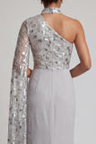 Grey Sheath High Neck Ruched One Shoulder Long Mother of the Bride Dress