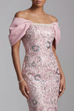 Light Pink Sheath Off the Shoulder Pearls Midi Mother of the Bride Dress